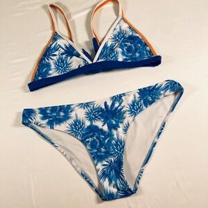 Cupshe Womens Blue White Tropical Palm Tree Print Bikini Set XL Orange Straps